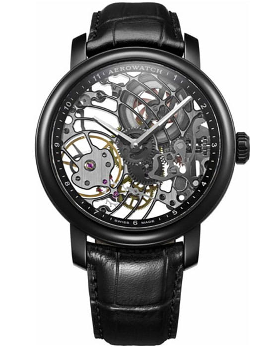 Aerowatch Aerowatch 50931 NO01  50931 NO01 механические мужские часы черный циферблат, браслет кожаный — вид спереди